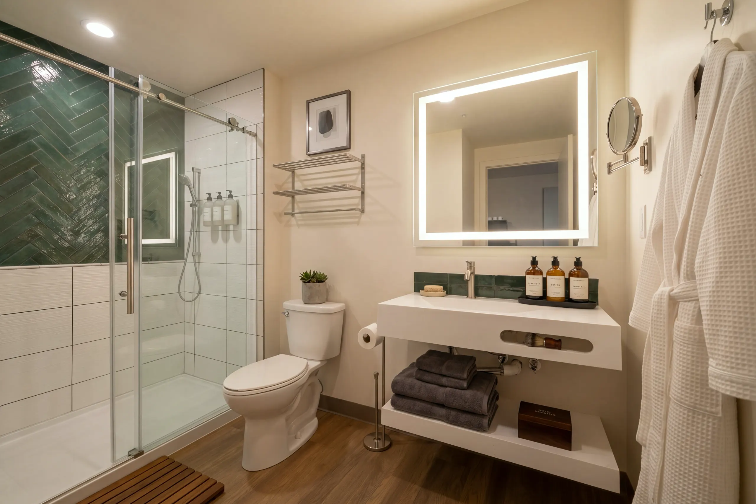 A stylish bathroom with a large backlit mirror over a floating sink counter, a toilet, and a glass shower featuring glossy green subway tiles in a herringbone pattern.
