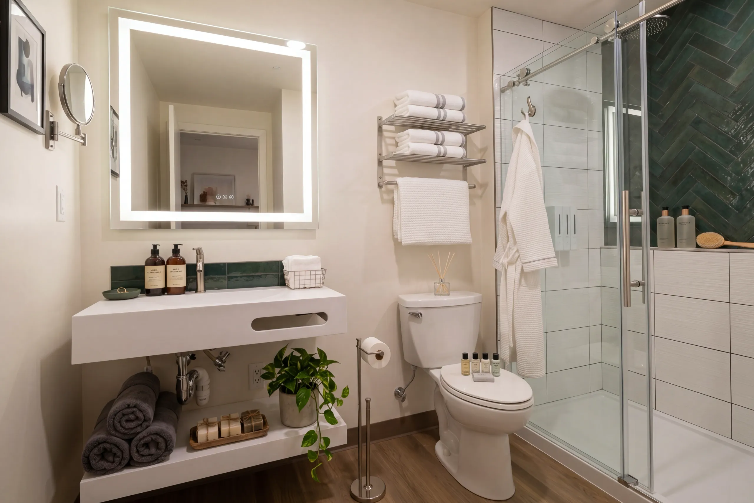 A modern hotel bathroom with a white vanity and backlit mirror. The glass shower features striking dark green herringbone tile. White towels and a waffle-knit robe hang near the toilet.