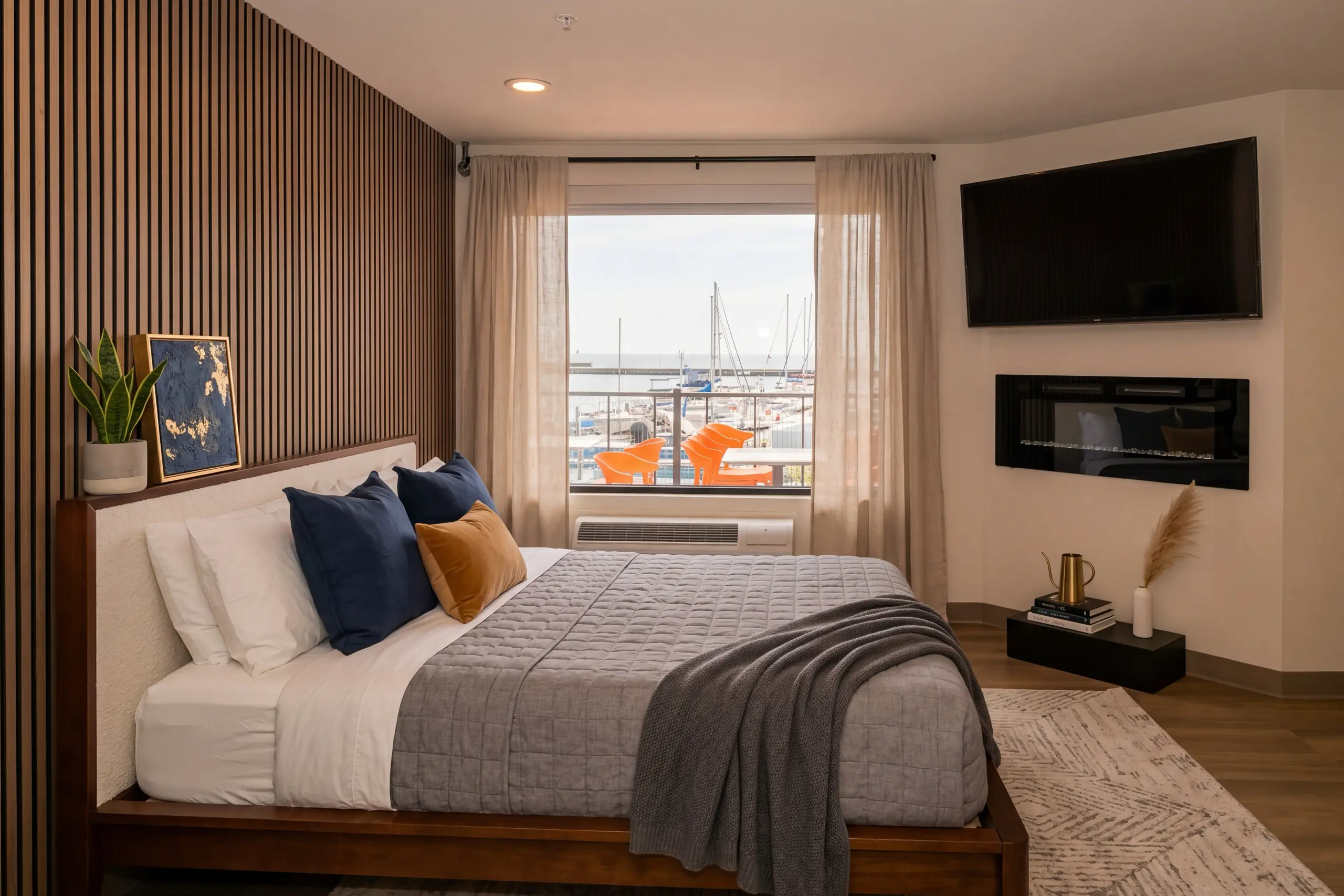 A modern hotel room with a queen bed and a TV mounted above an electric fireplace. A large window offers a scenic view of a marina full of boats.
