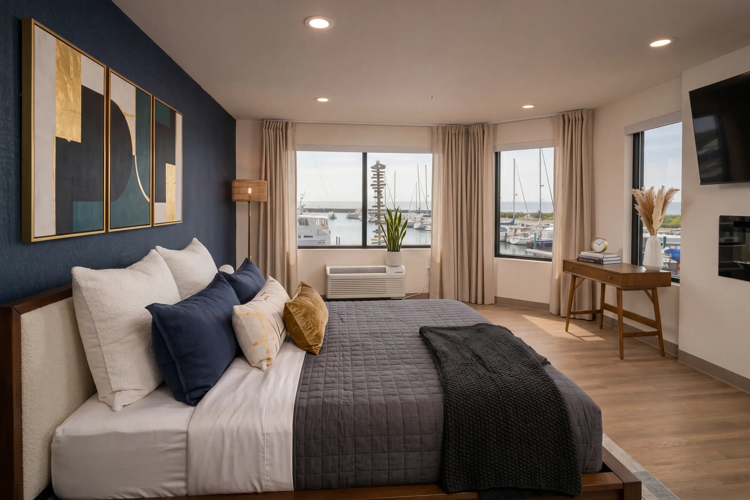 A modern bedroom with a large bed and gray bedding, offering a panoramic view of a sunny marina filled with docked boats through three large windows.